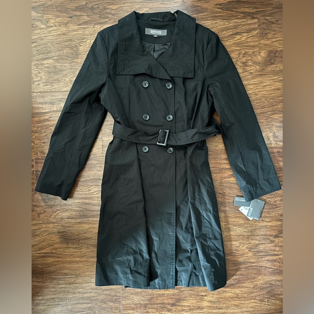 Women's Black Double-Breasted Trench Coat by Kenneth Cole